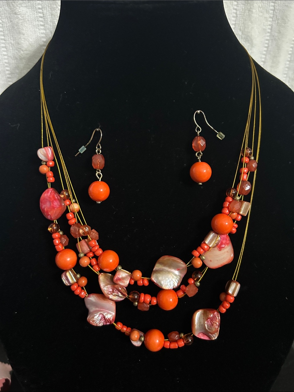 Orange Multi-Strand Bead Necklace with Matching Earrings
